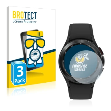 Face avant d’un emballage produit avec le logo de la marque BROTECT. À côté, l’appareil Samsung Galaxy Watch 4 Classic (42mm) 