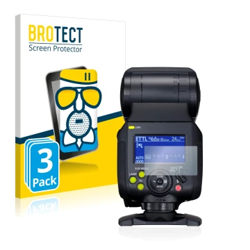 Face avant d’un emballage produit avec le logo de la marque BROTECT. À côté, l’appareil Canon Speedlite EL-1 est représenté av