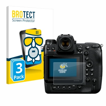 Face avant d’un emballage produit avec le logo de la marque BROTECT. À côté, l’appareil Nikon Z 9 est représenté avec la prote
