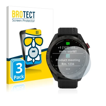 Face avant d’un emballage produit avec le logo de la marque BROTECT. À côté, l’appareil Garmin Approach S42 est représenté ave