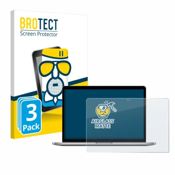 Face avant d’un emballage produit avec le logo de la marque BROTECT. À côté, l’appareil Apple MacBook Pro 13