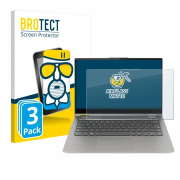 Face avant d’un emballage produit avec le logo de la marque BROTECT. À côté, l’appareil Lenovo ThinkBook 14s Yoga est représen
