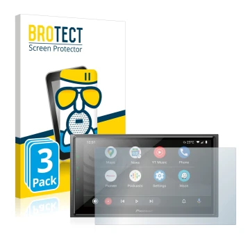 Face avant d’un emballage produit avec le logo de la marque BROTECT. À côté, l’appareil Pioneer SPH-EVO64DAB est représenté av