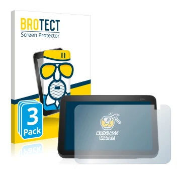 Face avant d’un emballage produit avec le logo de la marque BROTECT. À côté, l’appareil Amazon Echo Show 8 2021 (2e Gen.) est 