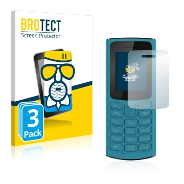 Face avant d’un emballage produit avec le logo de la marque BROTECT. À côté, l’appareil Nokia 105 4G 2021 est représenté avec 