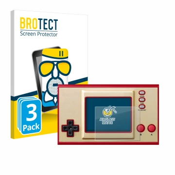 Face avant d’un emballage produit avec le logo de la marque BROTECT. À côté, l’appareil Nintendo Game & Watch Super Mario Bros
