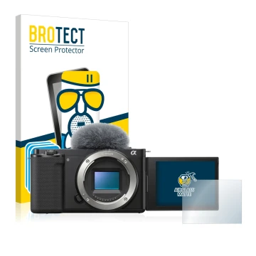 Face avant d’un emballage produit avec le logo de la marque BROTECT. À côté, l’appareil Sony Alpha ZV-E10 est représenté avec 