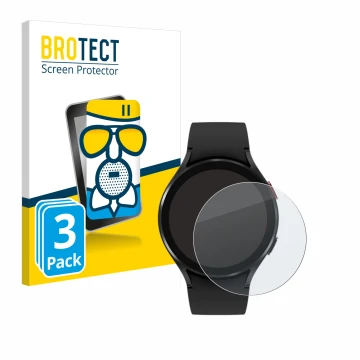 Face avant d’un emballage produit avec le logo de la marque BROTECT. À côté, l’appareil Samsung Galaxy Watch 4 (44mm) est repr