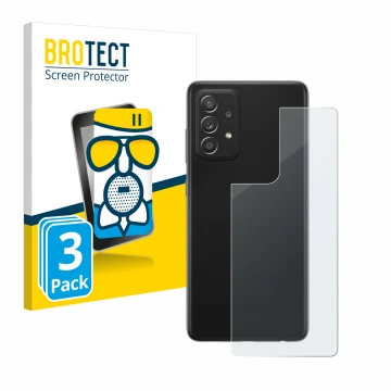 Face avant d’un emballage produit avec le logo de la marque BROTECT. À côté, l’appareil Samsung Galaxy A52s 5G (Arrière) est r
