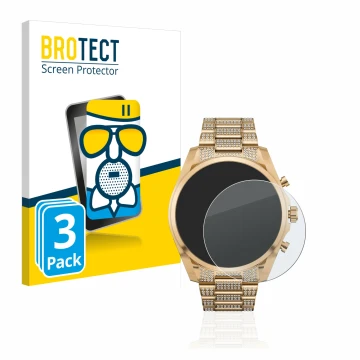 Face avant d’un emballage produit avec le logo de la marque BROTECT. À côté, l’appareil Michael Kors Access Gen 6 Bradshaw est