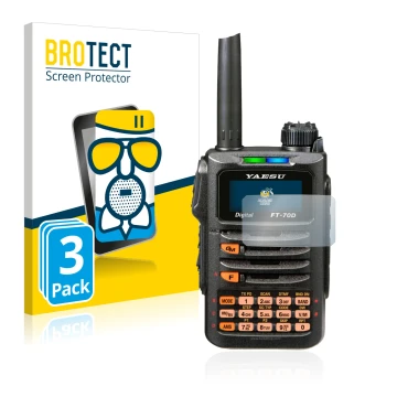 Face avant d’un emballage produit avec le logo de la marque BROTECT. À côté, l’appareil Yaesu FT-70DR est représenté avec la p