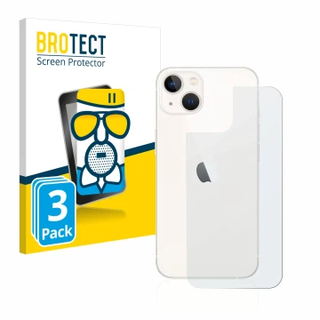 Face avant d’un emballage produit avec le logo de la marque BROTECT. À côté, l’appareil Apple iPhone 13 (Arrière) est représen