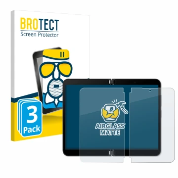 Face avant d’un emballage produit avec le logo de la marque BROTECT. À côté, l’appareil Microsoft Surface Duo 2 (Affichage int