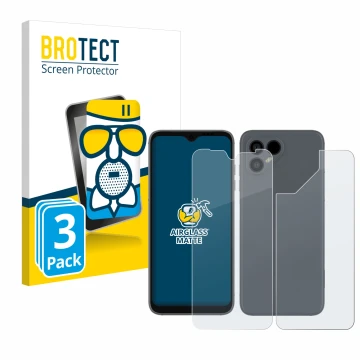Face avant d’un emballage produit avec le logo de la marque BROTECT. À côté, l’appareil Fairphone 4 (Avant+Arrière) est représ