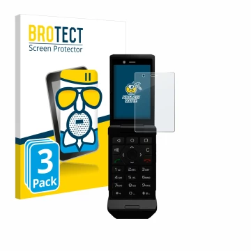 Face avant d’un emballage produit avec le logo de la marque BROTECT. À côté, l’appareil Caterpillar Cat S22 Flip est représent