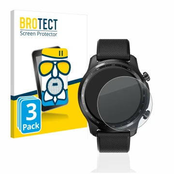 Face avant d’un emballage produit avec le logo de la marque BROTECT. À côté, l’appareil Mobvoi Ticwatch Pro 3 Ultra GPS est re