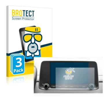 Face avant d’un emballage produit avec le logo de la marque BROTECT. À côté, l’appareil Hyundai Kona 2021 Infotainment System 