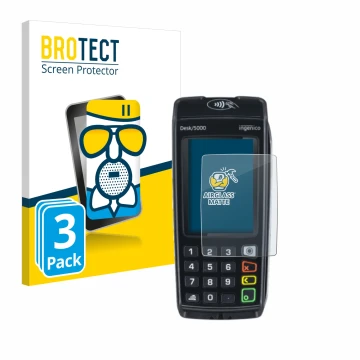 Face avant d’un emballage produit avec le logo de la marque BROTECT. À côté, l’appareil ingenico Desk/5000 est représenté avec