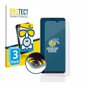 Face avant d’un emballage produit avec le logo de la marque BROTECT. À côté, l’appareil Samsung Galaxy A03 est représenté avec