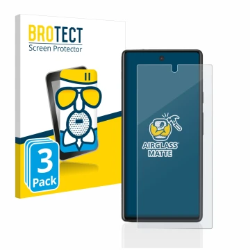 Face avant d’un emballage produit avec le logo de la marque BROTECT. À côté, l’appareil Google Pixel 6a est représenté avec la