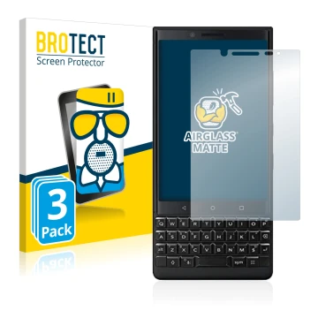 Face avant d’un emballage produit avec le logo de la marque BROTECT. À côté, l’appareil BlackBerry Key2 (Dual Sim) est représe