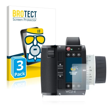 Face avant d’un emballage produit avec le logo de la marque BROTECT. À côté, l’appareil Arri WCU-4 est représenté avec la prot