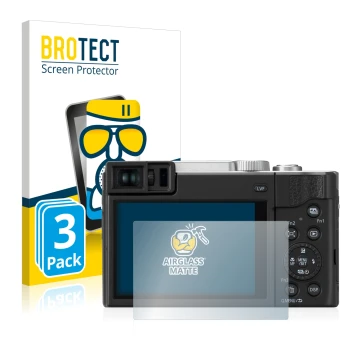 Face avant d’un emballage produit avec le logo de la marque BROTECT. À côté, l’appareil Panasonic Lumix DC-TZ95 est représenté