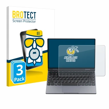 Face avant d’un emballage produit avec le logo de la marque BROTECT. À côté, l’appareil Chuwi MiniBook X est représenté avec l