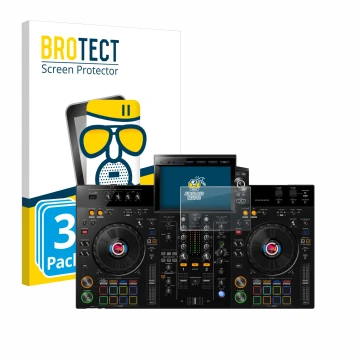 Face avant d’un emballage produit avec le logo de la marque BROTECT. À côté, l’appareil Pioneer XDJ-RX3 est représenté avec la