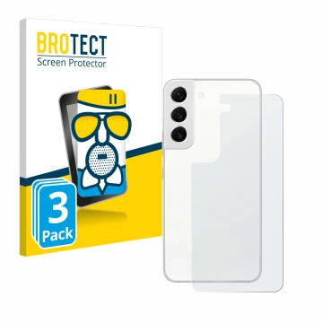 Face avant d’un emballage produit avec le logo de la marque BROTECT. À côté, l’appareil Samsung Galaxy S22 5G (Arrière) est re