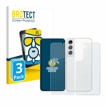 Face avant d’un emballage produit avec le logo de la marque BROTECT. À côté, l’appareil Samsung Galaxy S22 5G (Avant+Arrière) 