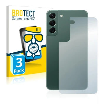 Face avant d’un emballage produit avec le logo de la marque BROTECT. À côté, l’appareil Samsung Galaxy S22 Plus 5G (Arrière) e