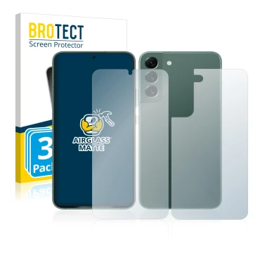 Face avant d’un emballage produit avec le logo de la marque BROTECT. À côté, l’appareil Samsung Galaxy S22 Plus 5G (Avant+Arri