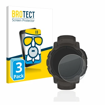 Face avant d’un emballage produit avec le logo de la marque BROTECT. À côté, l’appareil Garmin Instinct 2 est représenté avec 