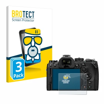 Face avant d’un emballage produit avec le logo de la marque BROTECT. À côté, l’appareil Olympus OM-1 2022 est représenté avec 