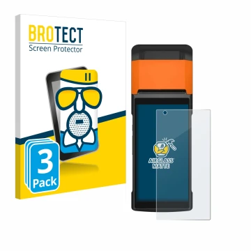 Face avant d’un emballage produit avec le logo de la marque BROTECT. À côté, l’appareil Sunmi V2s est représenté avec la prote