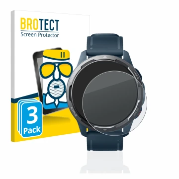 Face avant d’un emballage produit avec le logo de la marque BROTECT. À côté, l’appareil Xiaomi Watch S1 Active est représenté 