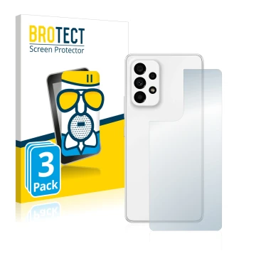 Face avant d’un emballage produit avec le logo de la marque BROTECT. À côté, l’appareil Samsung Galaxy A53 5G (Arrière) est re