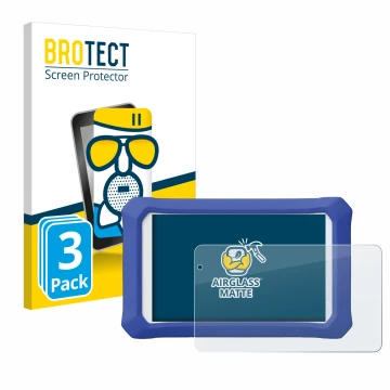 Face avant d’un emballage produit avec le logo de la marque BROTECT. À côté, l’appareil Clementoni Clempad X Revolution est re