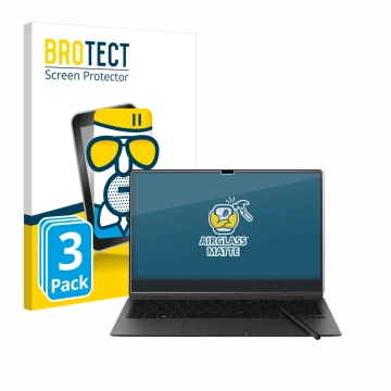 Face avant d’un emballage produit avec le logo de la marque BROTECT. À côté, l’appareil Samsung Galaxy Book2 Pro 360 13.3