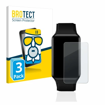 Face avant d’un emballage produit avec le logo de la marque BROTECT. À côté, l’appareil Oppo Watch Free est représenté avec la