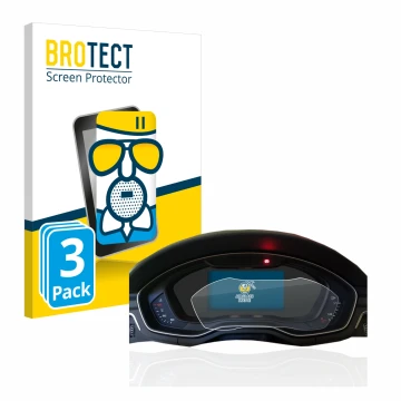 Face avant d’un emballage produit avec le logo de la marque BROTECT. À côté, l’appareil Audi A4 B9 2017 Virtual Cockpit est re