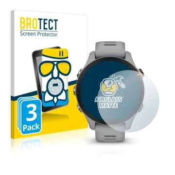 Face avant d’un emballage produit avec le logo de la marque BROTECT. À côté, l’appareil Garmin Forerunner 255S est représenté 