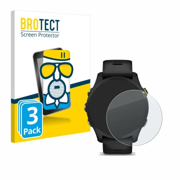 Face avant d’un emballage produit avec le logo de la marque BROTECT. À côté, l’appareil Garmin Forerunner 255 Music est représ