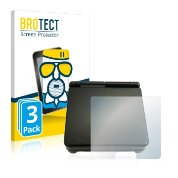 Face avant d’un emballage produit avec le logo de la marque BROTECT. À côté, l’appareil Nintendo Gameboy Advance SP (boîtier) 