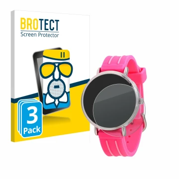Face avant d’un emballage produit avec le logo de la marque BROTECT. À côté, l’appareil Kiddus Children's Learning Watch est r