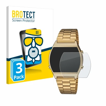 Face avant d’un emballage produit avec le logo de la marque BROTECT. À côté, l’appareil Casio Retro B640WB est représenté avec