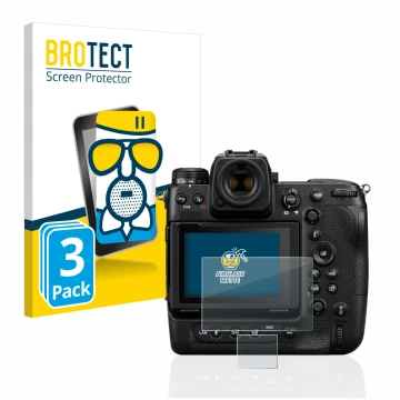 Face avant d’un emballage produit avec le logo de la marque BROTECT. À côté, l’appareil Nikon Z 9 (Affichage + affichage des é