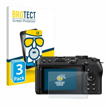 Face avant d’un emballage produit avec le logo de la marque BROTECT. À côté, l’appareil Nikon Z 30 est représenté avec la prot