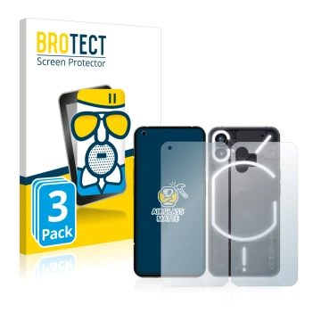 Face avant d’un emballage produit avec le logo de la marque BROTECT. À côté, l’appareil Nothing Phone (1) (Avant+Arrière) est 